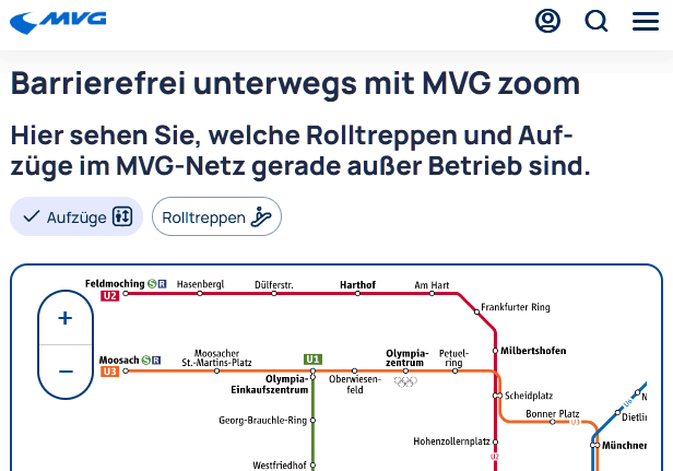 Ausschnitt Startbildschirm MVG Zoom (https://www.mvg.de/ueber-die-mvg/unser-engagement/barrierefreiheit/zoom.html) mit Statusinformationen zu MVG-Aufz&uuml;gen